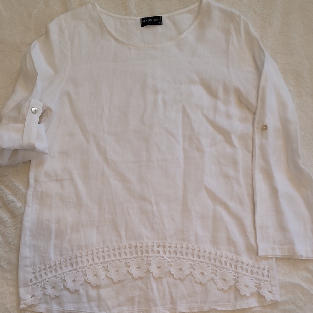 Linen White Blouse with Floral Hem Made In Italy